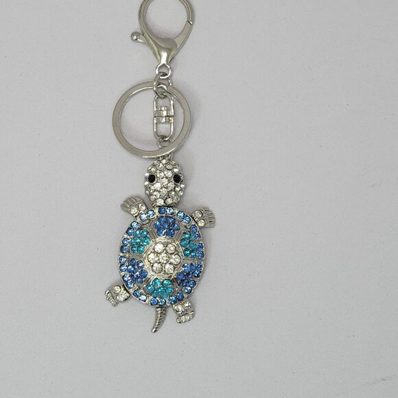 Bling Turtle Keychain Purse Charm Rhinestone Crystal Blue Green Silver Tortoise - Picture 3 of 4